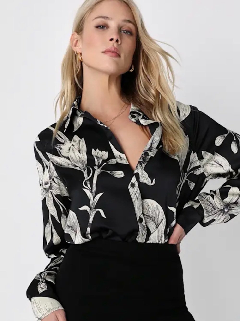 Lulu's Black Satin Button-Down Blouse with White Floral Print